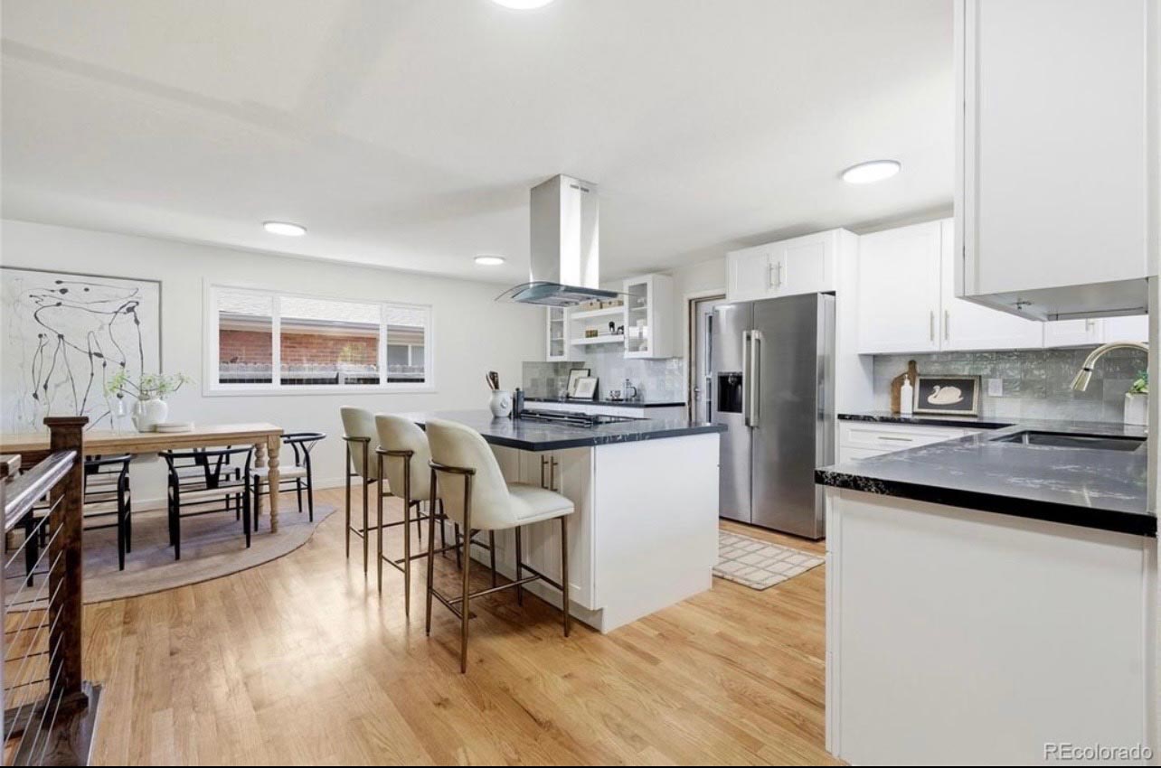 White Kitchen with Peninsula Open kitchen with white cabinets, a peninsula plus island layout and a stainless range hood